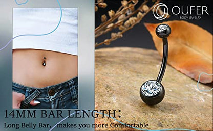 OUFER Titanium Belly Button Rings, Internally Threaded Belly Ring, Round CZ Navel Rings for Women Men - color: Black, size: 1.6*14MM