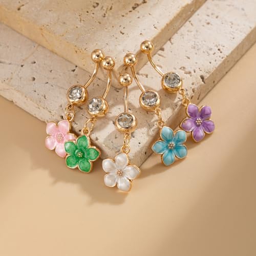 Flower Belly Button Ring for Women 14K Gold Plated Cubic Zirconia Navel Piercing Jewelry Stainless Steel CZ Crystal Charm Belly Ring Hypoallergenic Belly Bar for Women - color: White