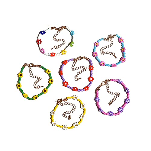 6Pcs Colorful Daisy Flower Bead Bracelets Set Indie Handmade Rainbow Beaded Flower Bracelets Anklets Vsco Boho Summer Beach Braided String Y2K Aesthetic Kidcore Jewelry with Flowers for Women