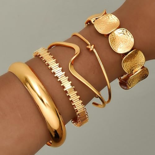 Golden Stackable Bracelets Set for Women Trendy Multi Layer Adjustable Chunk Flower Cuff Bracelet Geometric Irregular Wave Statement Bangle Glamour Stacking Cuff Jewelry - color: Gold-C