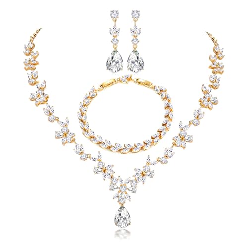 Jewelry Set for Women, Necklace Dangle Earrings Bracelet Set with White AAA Cubic Zirconia, Allergy Free Wedding Party Jewelry for Bridal Bridesmaid - color: Necklace + Earrings + Bracelet- gold plated