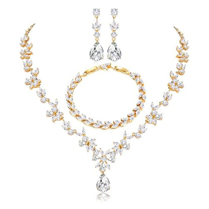 Jewelry Set for Women, Necklace Dangle Earrings Bracelet Set with White AAA Cubic Zirconia, Allergy Free Wedding Party Jewelry for Bridal Bridesmaid - color: Necklace + Earrings + Bracelet- gold plated