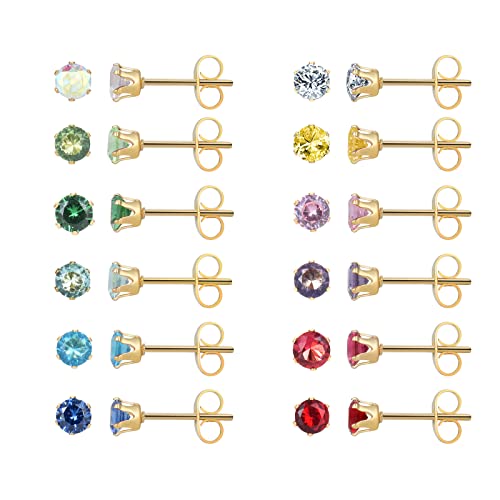 12 Pairs 18K Gold Plated Surgical Stainless Steel Stud Earring Cubic Zirconia CZ Multicolor Birthstone Stud Earrings Set - style: Prong 5mm