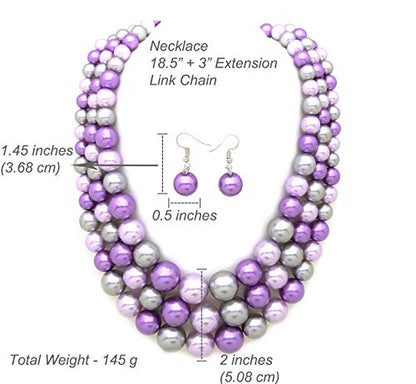 Fashion 21 Women's Faux Pearl Three Multi-Strand Statement Necklace and Earrings Set - color: Lavender Mix