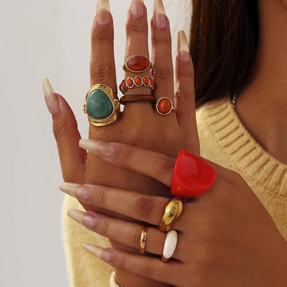 Chunky Gold Rings for Women Non Tarnish, Baroque Pearl Flower Tiger's Eye Stone Rings Adjustable Stacking Statement Rings Set Fashion Jewelry Gifts - style: Green/Red/Wood/Brown