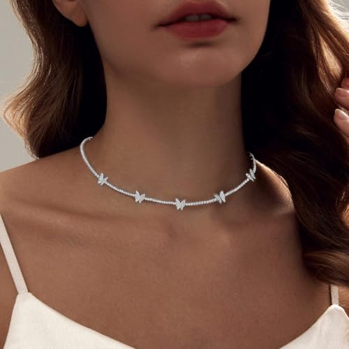 HERIER Tennis Necklace for Women 14K Gold Plated or Silver Rhinestone Choker Necklaces Dainty Zirconia Cut Faux Diamond chain 3mm - color: Silver-butterfly