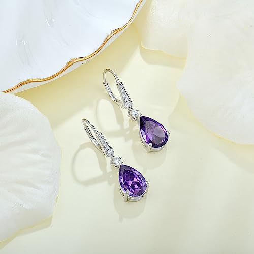 Women 925 Sterling Silver Birthstone Teardrop Leverback Drop Dangle Earrings 8 * 12mm 5A Cubic Zirconia Jewelry for Her - color: Februar,Amethyst Color