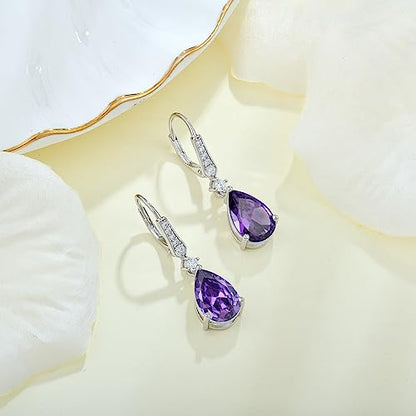 Women 925 Sterling Silver Birthstone Teardrop Leverback Drop Dangle Earrings 8 * 12mm 5A Cubic Zirconia Jewelry for Her - color: Februar,Amethyst Color