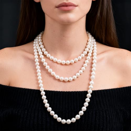 Pearl Necklaces for Women 60'' 70" Long Pearl Necklace 15.75'' Pearl Choker Necklace Chunky Bead Layered Faux Pearl Dangle Wedding Bridal 1920s Gatsby Christmas Costume Jewelry Gifts - color: Cream White-60''