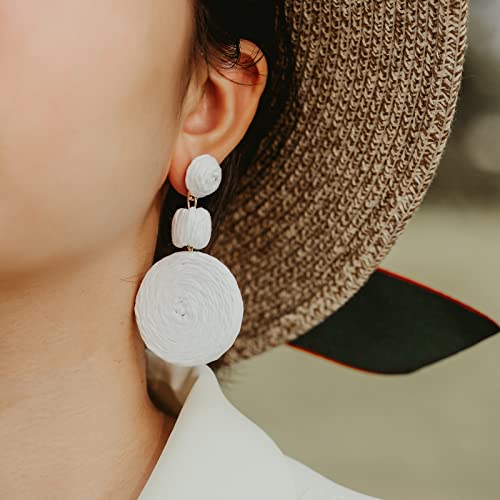 Statement Raffia Boho Round Dangle Ball Earrings - Cute Handmade Summer Bohemian Dangling Jewelry for Women - color: White