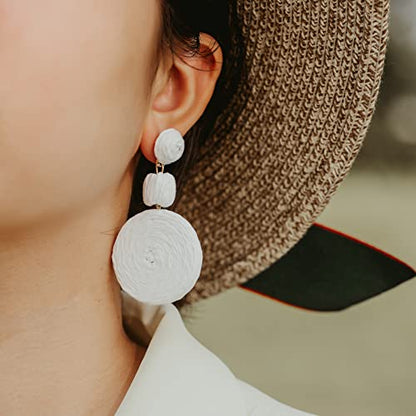 Statement Raffia Boho Round Dangle Ball Earrings - Cute Handmade Summer Bohemian Dangling Jewelry for Women - color: White
