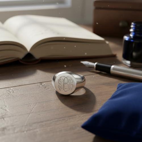 15mm Initial Ring 925 Silver/10K/14K/18K Gold Monogram Ring for Men Personalized Engraved Circle Monogram Signet Mens Ring Birthday Gifts - color: White Gold