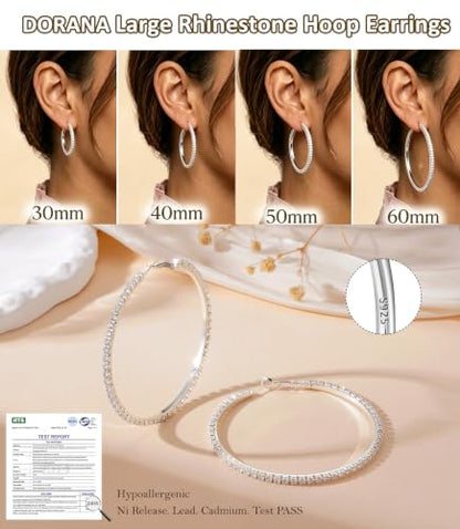 3mm 925 Sterling Silver Big Cubic Zirconia Hoop Earrings for Women Large Rhinestone Hoop Earrings 14K Gold Plated Hypoallergenic Lightweight 30mm/40mm/50mm/60mm - color: Silver-60mm