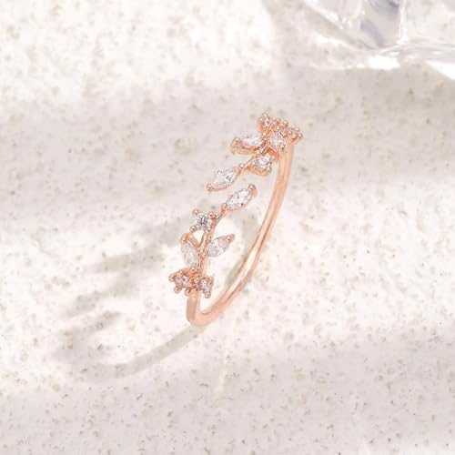Gold Rings Non Tarnish Silver Adjustable Rings for Women Cubic Zirconia Leaf Ring Dainty Silver Stackable Ring for Women - style: rose gold