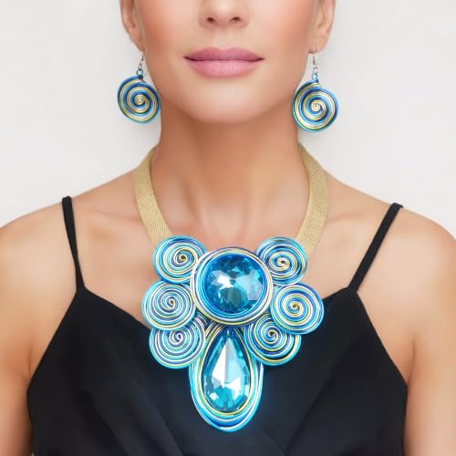 African Jewelry Sets Statement Big Crystal Pendent Necklace Earrings Set For Women Handmade Bib Collar Costume Tribal Fashion Accessories - color: KDLUN5306 Sky Blue