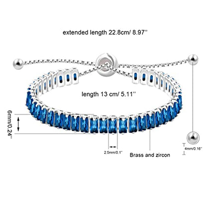 Uloveido Classic Emerald Cut Rectangular Cubic Zirconia Eternity Tennis Bracelet Adjustable for Women Y1788 - color: Platinum-blue