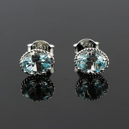 Real Blue Topaz Crystal Studs Earring Pair with Push Backs, Natural Gemstone, Birthstone, Brilliant Cut Oval Crystal, Healing Stone, Gift for Women, 925 Sterling Silver