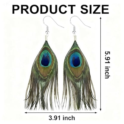 Feather Earrings for Women, Sterling Silver Hook Boho Style Peacock Long Feather Jewelry - color: Peacock Feather-3