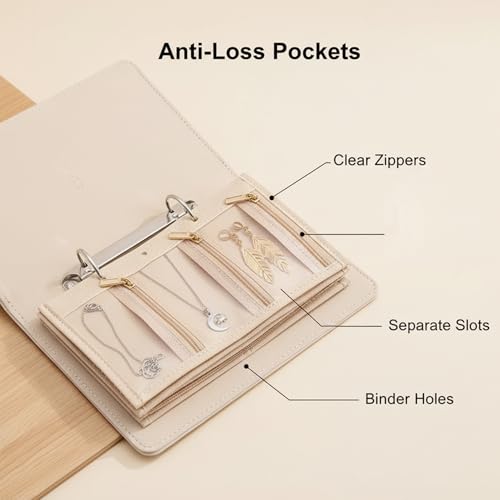 Travel Jewelry Organizer Case, Compact Jewelry Storage Bags Book Binder with 5 Clear Zipper, Earring Necklace Roll up Organizer Velvet Pouch for Traveling(Beige)