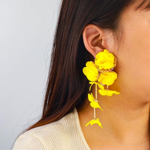 Fabric Flower Earrings for Women Colorful Long Tassel Floral Drop Earrings Fashion Boho Exaggerated Statement Beach Party Jewelry - color: yellow