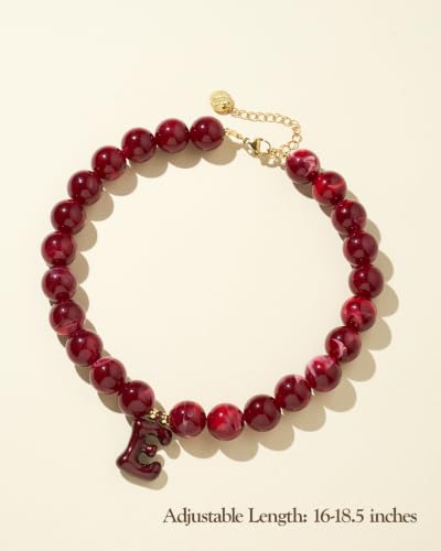 DoDoBeads Chunky Colorful Beaded Initial Necklace, Bubble Letter Choker | Gift box and dust pouch included; waterproof and sweat-resistant with real gold plated stainless steel hardware - color: BlackCherry-E