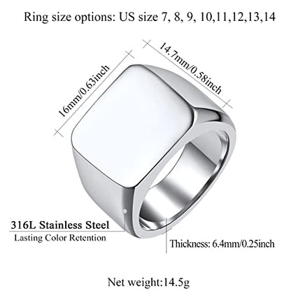 FindChic Customized Signet Photo Rings Square/Heart/Round Chunky Band Ring Stainless Steel/18K Gold Plated/Black Size 7 to 14 Personalized Jewelry for Men Women, Send Gift Box - color: 01. non-customized square (stainless steel)