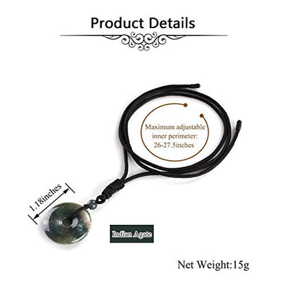 Jovivi 30mm Circle Donut Healing Crystals Necklace Natural Semi-Precious Chakra Gemstone Stone Amulet Lucky Coin Donuts Charm Protection Quartz Reiki Pendant Necklace for Men Women Adjustable Rope - color: Indian Agate