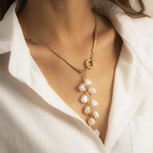 Women's Baroque Beaded Y Necklace, Trendy Pendant Long Choker, Simple Daily Wear Jewelry Gift - color: Golden