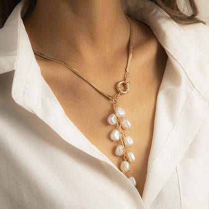 Women's Baroque Beaded Y Necklace, Trendy Pendant Long Choker, Simple Daily Wear Jewelry Gift - color: Golden