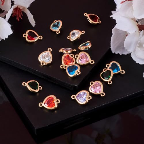 FASHEWELRY 16pcs Crystal Heart Charm Links Gold Plated Glass Heart Connector Pendants 14x10x4.5mm Double Loop for DIY Necklace Bracelet Jewelry Making Valentine's Day - color: Mixed Color Heart