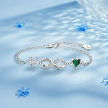 925 Sterling Silver Adjustable Letter Bracelets Infinity Heart Emerald Charm Link Bracelet ，Personalized Charm Alphabet Jewelry Valentines Christmas Mother’s Day Birthday Gifts - color: I