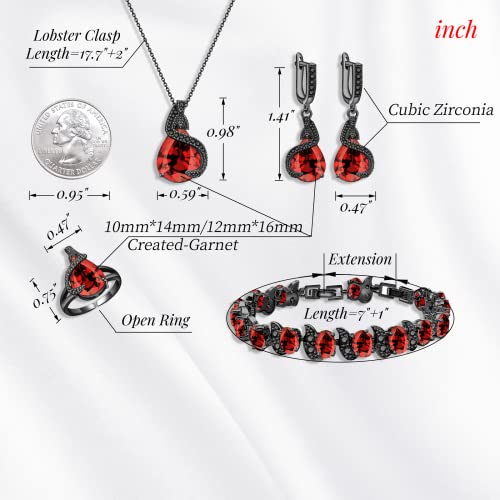 GZWHD Jewelry Set for Women Water Drop Cubic Zirconia Artificial Crystal Earrings Pendant Necklace Open Ring Tennis Bracelet Wedding Anniversary Birthday Engagement Gift for Bridesmaid Wife Girlfriend Friend - color: Black Gun-Garnet