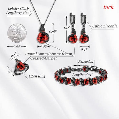 GZWHD Jewelry Set for Women Water Drop Cubic Zirconia Artificial Crystal Earrings Pendant Necklace Open Ring Tennis Bracelet Wedding Anniversary Birthday Engagement Gift for Bridesmaid Wife Girlfriend Friend - color: Black Gun-Garnet
