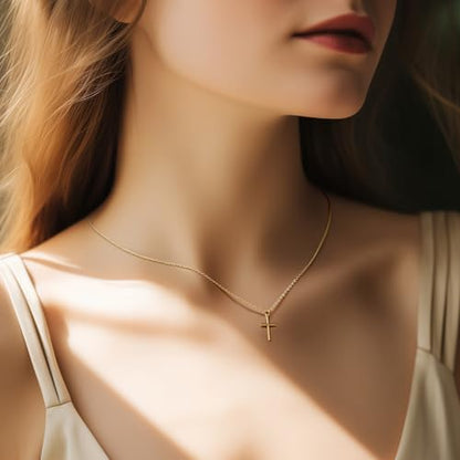 AMELINE Cross Necklace for Women 14K Gold Cross Necklace for Women | Gold Cross Necklaces for Women Gold Cross Chain Minimalist Pendant Small Necklace for Women Jewelry 45+5 cm