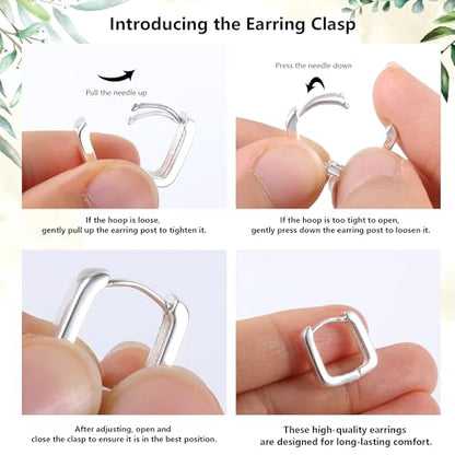Silver Hoop Earrings for Women Gold Square Huggie Earring for Daily Wear | ALEXCRAFT Hypoallergenic Small Cubic Zirconia Silver Earring Thin Hoop Huggie Earrings for Women Fashion Jewelry Gifts - color: Silver