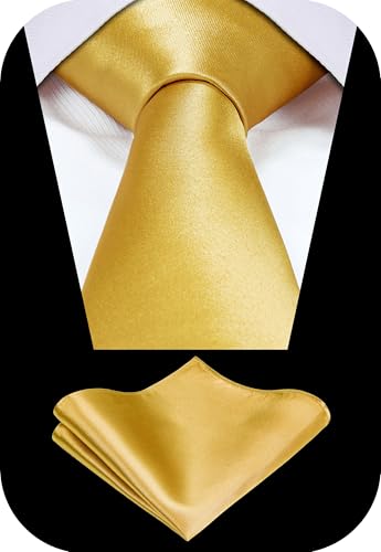 TIE G Solid Satin Woven dyed Color Formal Black Necktie and Pocket Square Sets in Gift Box - color: Gold
