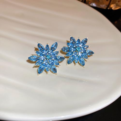 Crystal Flower Burst Stud Earrings Large Big Sparkly CZ Cubic Rhinestone Floral Cluster Flower Stud Earrings Bridal Wedding Party - color: Blue