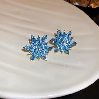 Crystal Flower Burst Stud Earrings Large Big Sparkly CZ Cubic Rhinestone Floral Cluster Flower Stud Earrings Bridal Wedding Party - color: Blue