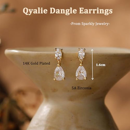 Dangle Drop Earrings for Women Wedding Bridal Rhinestone Long Cubic Zircon Dangling Crystal Chandelier Sparkly 14K Gold Plated Dainty Trendy Jewelry Gifts - color: Gold-2CZ Drop
