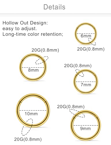 10PCS 20G/18G Surgical Steel Hinged Clicker Segment Nose Rings Hoops Septum Lip Ring Hoop Cartilage Tragus Helix Sleeper Earrings Piercing Jewelry for Women Men 6mm 7mm 8mm 9mm 10mm - color: 20g,6/7/8/9/10mm,goldtone
