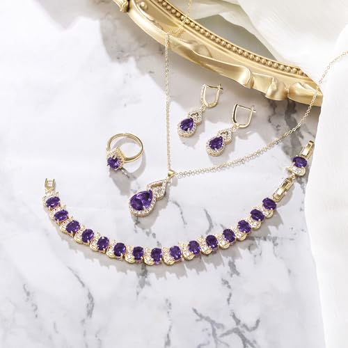 Wedding Jewelry Set for Women Bride Bridesmaid | Gorgeous Cubic Zirconia Teardrop Necklace Earrings Bracelet Adjustable Ring Jewelry Gift for Birthday/Anniversary - color: 07-Purple Gold-Tone