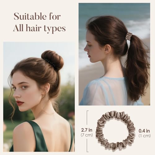 LULUSILK Small Silk Hair Ties No Damage, 100% Real Mulberry Silk, Skinny Scrunchies Ponytail Holders for Thin Fine Hair, Brown, Pack of 3 - color: Brown