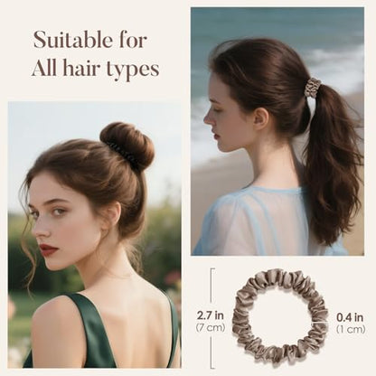 LULUSILK Small Silk Hair Ties No Damage, 100% Real Mulberry Silk, Skinny Scrunchies Ponytail Holders for Thin Fine Hair, Brown, Pack of 3 - color: Brown