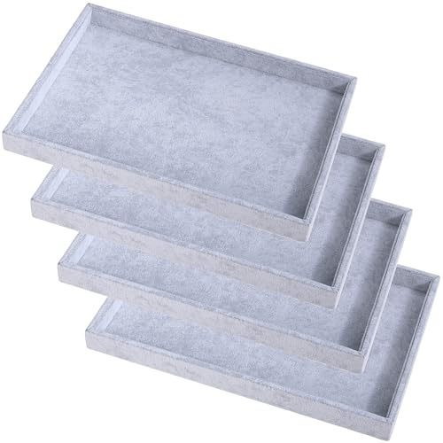 4 Pcs 13.8"x9.5" Velvet Jewelry Tray Jewelry Display Tray Stackable Plate | Jewelry Organizer Trays for Earrings Necklaces Bracelet Rings Display Showcase - Grey - color: Grey, size: Flat Tray 13.8" x 9.5"