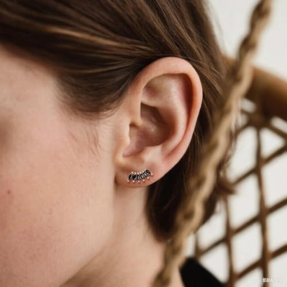 Curved CZ Crawler Ear Climber Cartilage Earrings Silver Stud with Black Cubic Zirconia Helix Conch Tragus Piercing Jewelry