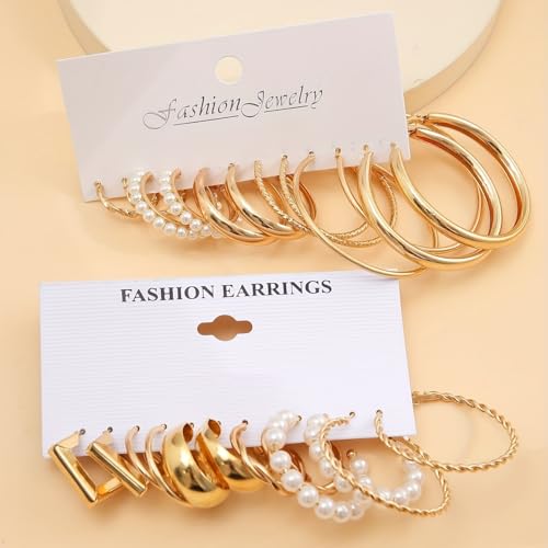 14K Gold Plated Geometric Hoop Earrings for Women Chunky Hypoallergenic Thick Lightweight Jewelry - color: Gold-12 Pairs