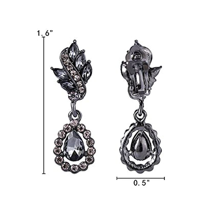 EleQueen Women's Austrian Crystal Art Deco Tear Drop Dangle Earrings Clip-on - color: 05-Black-tone Black