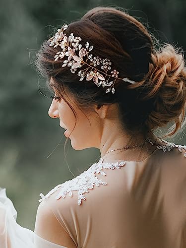 SWEETV Handmade Rhinestone Wedding Headband Flower-Leaf Bridal Headpieces for Wedding Pearl Hair Accessories (Gold) - color: Gold
