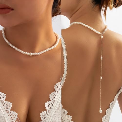 Pearl Backdrop Necklace for Wedding - Elegant Imitation Pearl Choker with Long Back Chain Jewelry for Backless Dress, Minimalist Bridal Body Chain for Women, Summer Beach Party Accessories