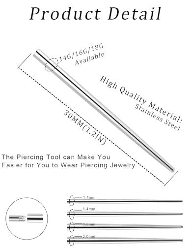 4Pcs Stainless Steel Piercing Taper Insertion Pins 14G 16G 18G 20G Internal/External Threaded Push In Threadless for Lip Nose Ear Navel Eyebrow Nipple Tongue Body Piercing Kit Assistant Tool - color: A:Internal-14G/16G/18G/18G